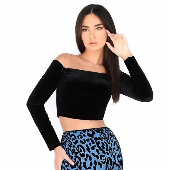NEW Stretch Scuba Satin Off the Shoulder Longsleeve Crop Top in Black Size Small - Picture 2 of 7
